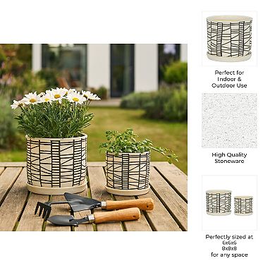 Ceramic Geometric Saucer Planters Set of 2 - Beige, 6/8"