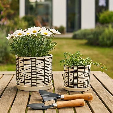 Ceramic Geometric Saucer Planters Set of 2 - Beige, 6/8"