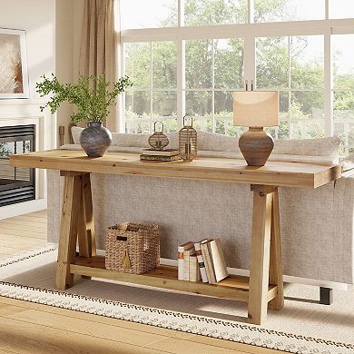 Farmhouse Console Table Solid Wood Narrow Table with Top and Lower Shelf