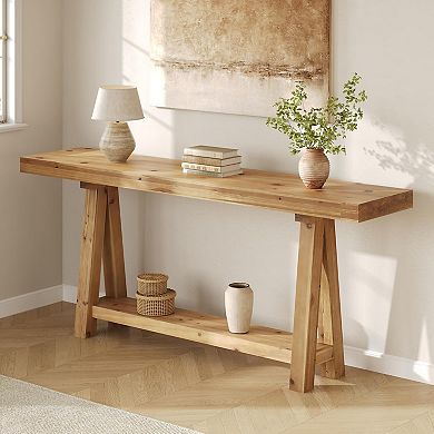 Farmhouse Console Table Solid Wood Narrow Table with Top and Lower Shelf