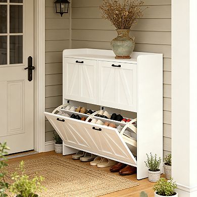 White Modern Fence Shoe Cabinet with 4 Flip Drawers, 41.93"x10"x36.81"