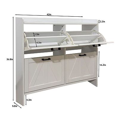 White Modern Fence Shoe Cabinet with 4 Flip Drawers, 41.93"x10"x36.81"