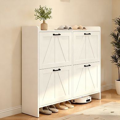 White Modern Fence Shoe Cabinet with 4 Flip Drawers, 41.93"x10"x36.81"