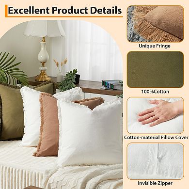 4-Pack Washed Cotton Pillow Covers with Tassel, 20x20 Inch Solid Boho Decorative Set for Home