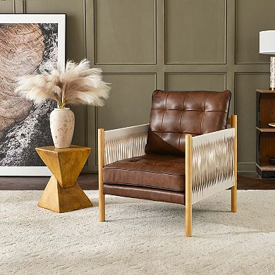 Top-grain Genuine Leather Accent Chair With Fabric Tape Wrapped Arms