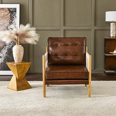 Top-grain Genuine Leather Accent Chair With Fabric Tape Wrapped Arms