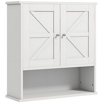 Wall Mounted Storage Cabinet with Doors and Open Shelf, MDF Bathroom Organizer