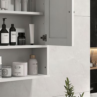 Wall Mounted Storage Cabinet with Doors and Open Shelf, MDF Bathroom Organizer