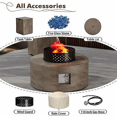 30" Inch Round Wood Grain Iron Fire Pit,50000 BTU with Lid,for Home and Camping（Wood Grain/Brown）