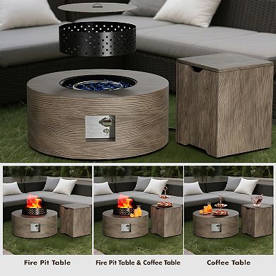 30" Inch Round Wood Grain Iron Fire Pit,50000 BTU with Lid,for Home and Camping（Wood Grain/Brown）