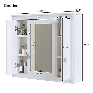 Wall-Mounted Mirror Cabinet with Central Door, Side Compartments, and 5 Shelves