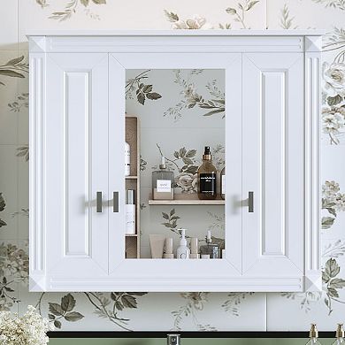 Wall-Mounted Mirror Cabinet with Central Door, Side Compartments, and 5 Shelves