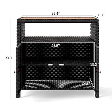 Outdoor Patio Storage Cabinet with Acacia Wood Top, Wicker Doors and Shelf