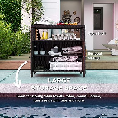 Outdoor Patio Storage Cabinet with Acacia Wood Top, Wicker Doors and Shelf