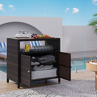 Outdoor Patio Storage Cabinet with Acacia Wood Top, Wicker Doors and Shelf