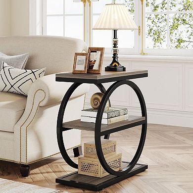 3 Tier Narrow End Table with Open Shelves, Metal and Wood Side Table for Bedroom or Entryway