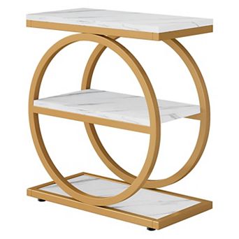 3 tier Narrow End Table with Open Shelves, Metal and Wood Side Table for Bedroom or Entryway