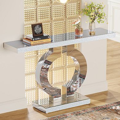 Rectangular Mirrored Console Table with O-Shaped Pedestal Base, Anti-Tip Kit Included