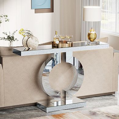 Rectangular Mirrored Console Table with O-Shaped Pedestal Base, Anti-Tip Kit Included