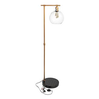 Hello Honey Metal Floor Lamp with Glass Globe Shade, Antique Brass and Wood