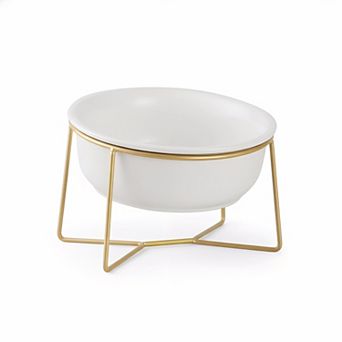 White Elevated Ceramic Cat Bowl, Tilted Design with Gold Iron Stand Pet Dish