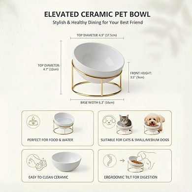 White Elevated Ceramic Cat Bowl, Tilted Design with Gold Iron Stand Pet Dish