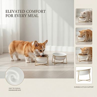 White Elevated Ceramic Cat Bowl, Tilted Design with Gold Iron Stand Pet Dish