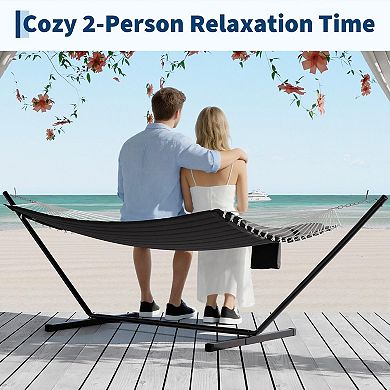 Quilted Fabric Outdoor Hammock with Curved Steel Stand Heavy Duty Patio Double Hammock