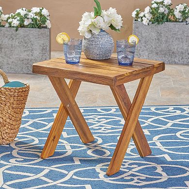 Outdoor Side Table Acacia Wood Table with Classic Cross Base