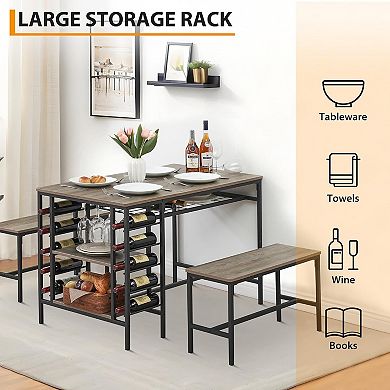 Small Kitchen Dinner Table with 2 Bench, Dining Room Tables Set with Storage Drawer & Shelf