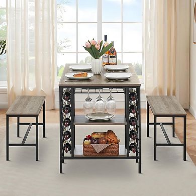 Small Kitchen Dinner Table with 2 Bench, Dining Room Tables Set with Storage Drawer & Shelf