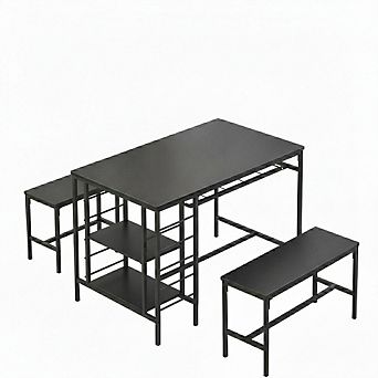 Small Kitchen Dinner Table with 2 Bench, Dining Room Tables Set with Storage Drawer & Shelf