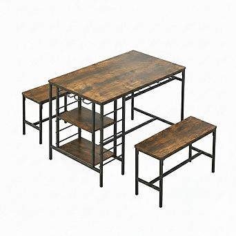 Small Kitchen Dinner Table with 2 Bench, Dining Room Tables Set with Storage Drawer & Shelf