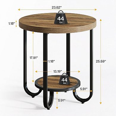 2 Tier Round End Table with Shelf Metal Frame Side Table for Small Spaces
