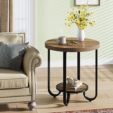 2 Tier Round End Table with Shelf Metal Frame Side Table for Small Spaces