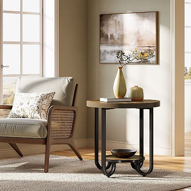 2 Tier Round End Table with Shelf Metal Frame Side Table for Small Spaces
