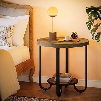 2 Tier Round End Table with Shelf Metal Frame Side Table for Small Spaces