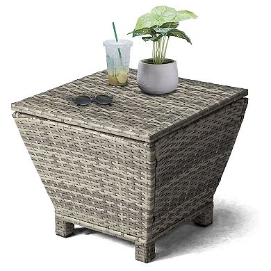 Square Outdoor Wicker Side Table with 13 Gallon Storage and Lift Top Lid