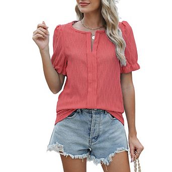 Women's Casual Puff Short Sleeve Textured Split Neck Top