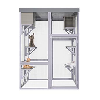 IFMALL Outdoor Wooden Cat Enclosure Multi-Level Playhouse with Platforms Houses