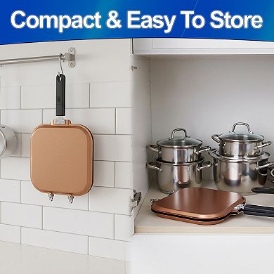 Dual Sided Pancake Pan - 4 Mould Copper Nonstick, Reinforced Hinges for Easy Flipping