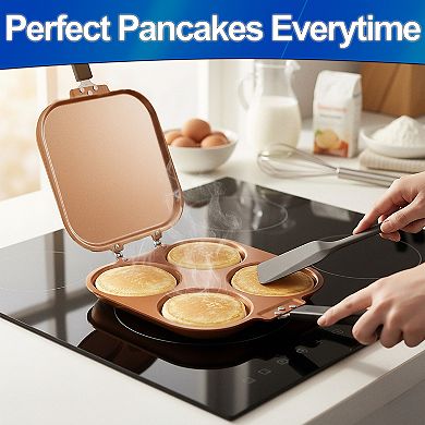 Dual Sided Pancake Pan - 4 Mould Copper Nonstick, Reinforced Hinges for Easy Flipping
