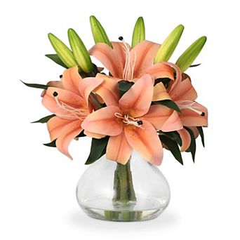 Artificial Flowers Tiger Lily with Glass Vase, Silk Faux Flowers Arrangements Easter Decor for Home