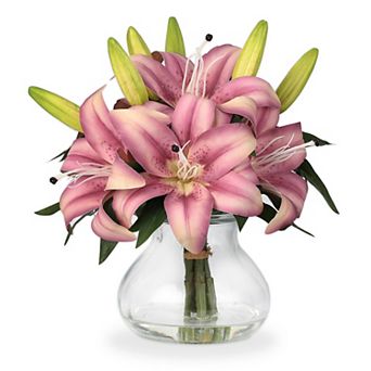 Artificial Flowers Tiger Lily with Glass Vase, Silk Faux Flowers Arrangements Easter Decor for Home