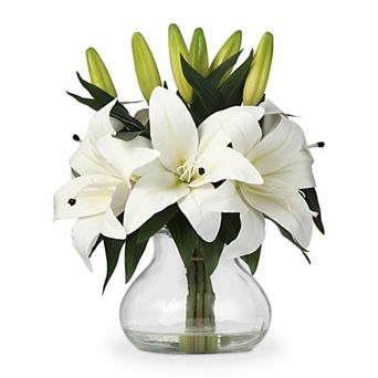 Artificial Flowers Tiger Lily with Glass Vase, Silk Faux Flowers Arrangements Easter Decor for Home
