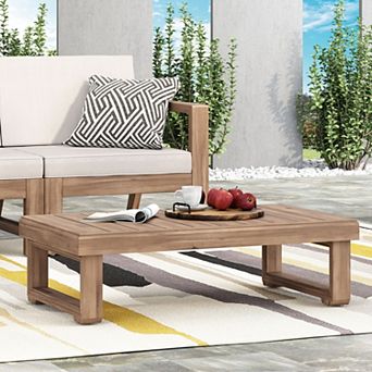 Outdoor Coffee Table Rustic Acacia Wood Table with Slat Top & Sled Legs
