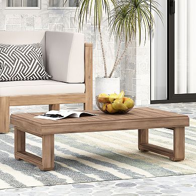 Outdoor Coffee Table Rustic Acacia Wood Table with Slat Top & Sled Legs