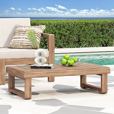 Outdoor Coffee Table Rustic Acacia Wood Table with Slat Top & Sled Legs