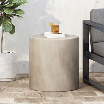 Outdoor Lightweight Concrete Side Table Light Gray Cylindrical End Table