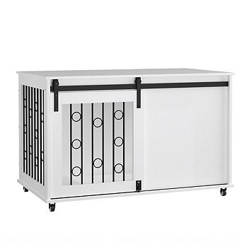 IFMALL Modern Wooden Dog Crate Furniture with Sliding Barn Door and Side Door